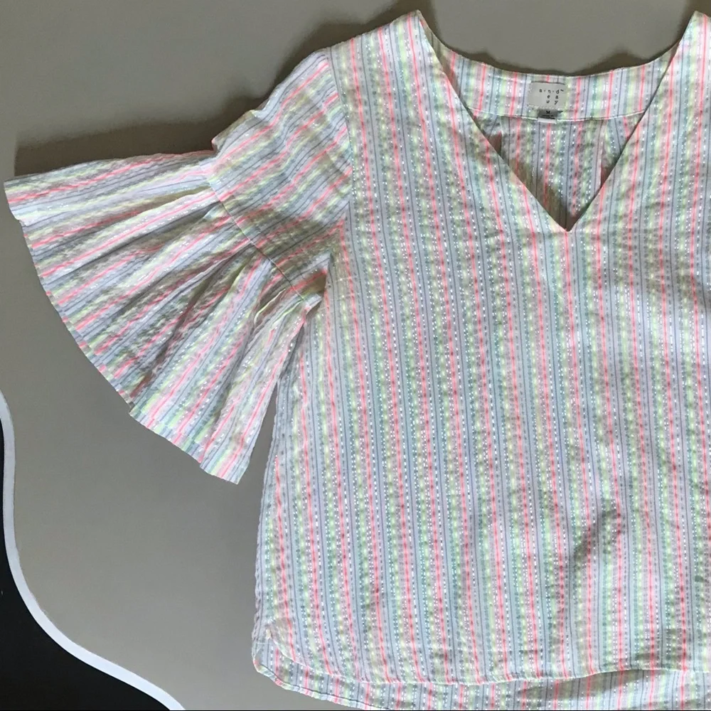 A NEW DAY Seersucker Ruffle Bell Sleeve Metallic Sparkle Neon Striped Blouse - Picture 4 of 9